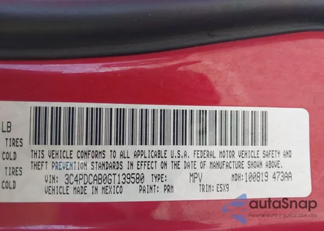 2016 Dodge Journey Se z USA, uszkodzony, nr VIN 3C4PDCAB0GT139580